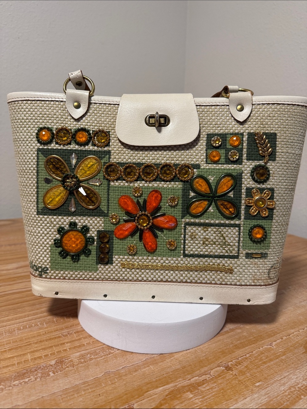 Enid Collin’s of Texas Vintage Cream “Jewel Collage” Tote Bag.